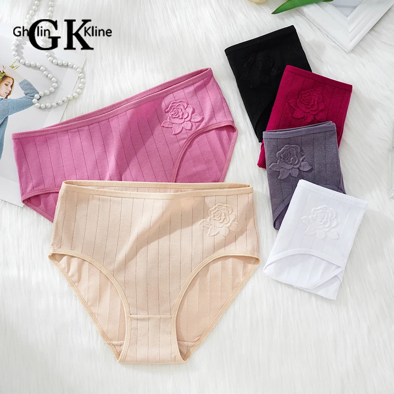 

Elegant GK Brand Women Underwear Charm Embroider Striped Ladies Briefs Solid Color Super Elastic Flat Belly Lingerie