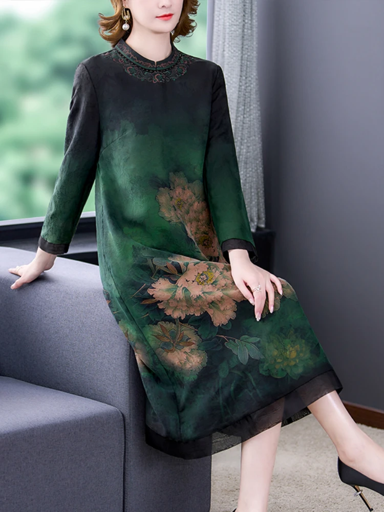 

Женское шелковое платье-Ципао средней длины, приталенное платье с принтом в китайском стиле, весна-лето 2023