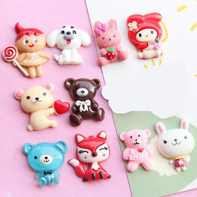

100Pcs Kawaii Cute Flatback Resin Cabochon Cartoon Animal Fox Bear Rabbit For Hair Bow Center DIY Scrapbooking Decor Accessories