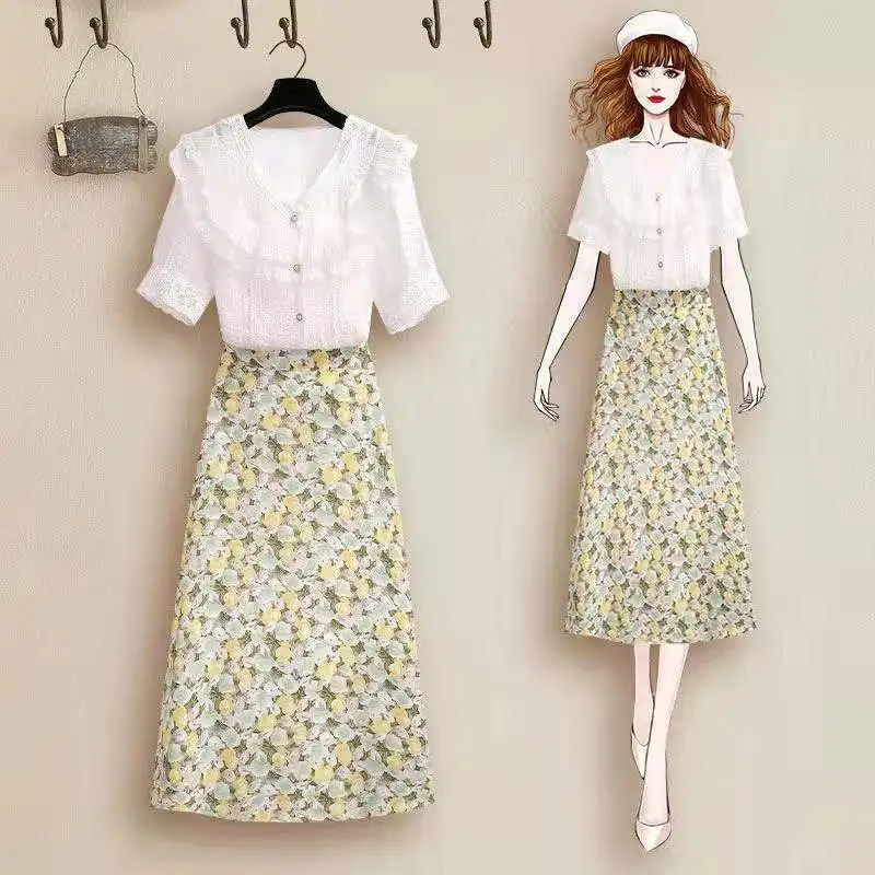 

Women Summer Lace V-neck T-Shirt and Skirts Female Two Piece Set Off Shoulder Basic Ladies High Waist Skirt Set Fashion Suit A29