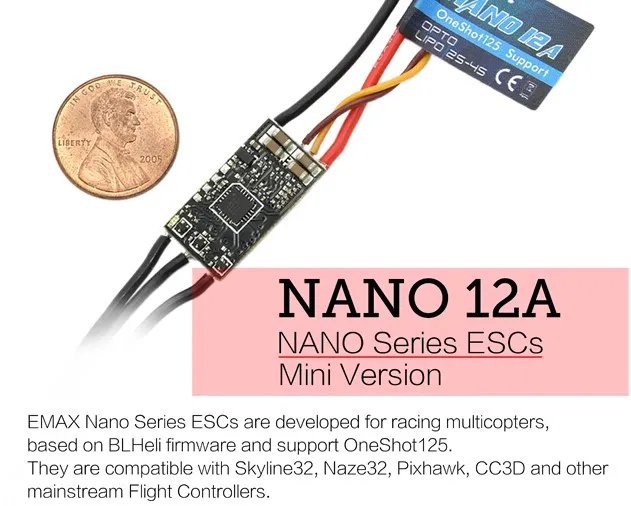 Контроллер скорости EMAX Nano 12A MINI ESC поддерживает Oneshot125 для радиоуправляемого самолета/мини квадрокоптера