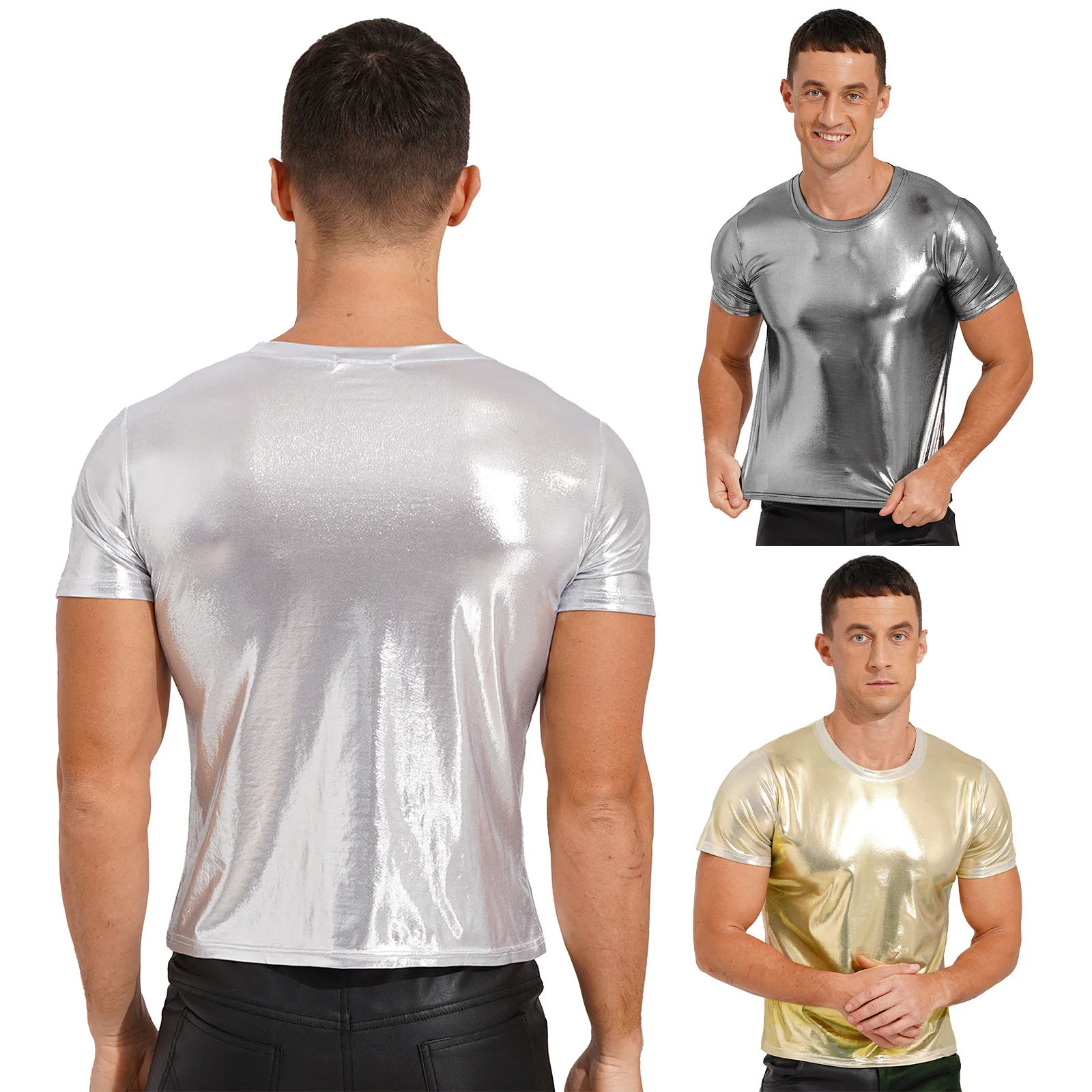 Одежда для ночного клуба Мужская блестящая металлическая футболка Облегающая