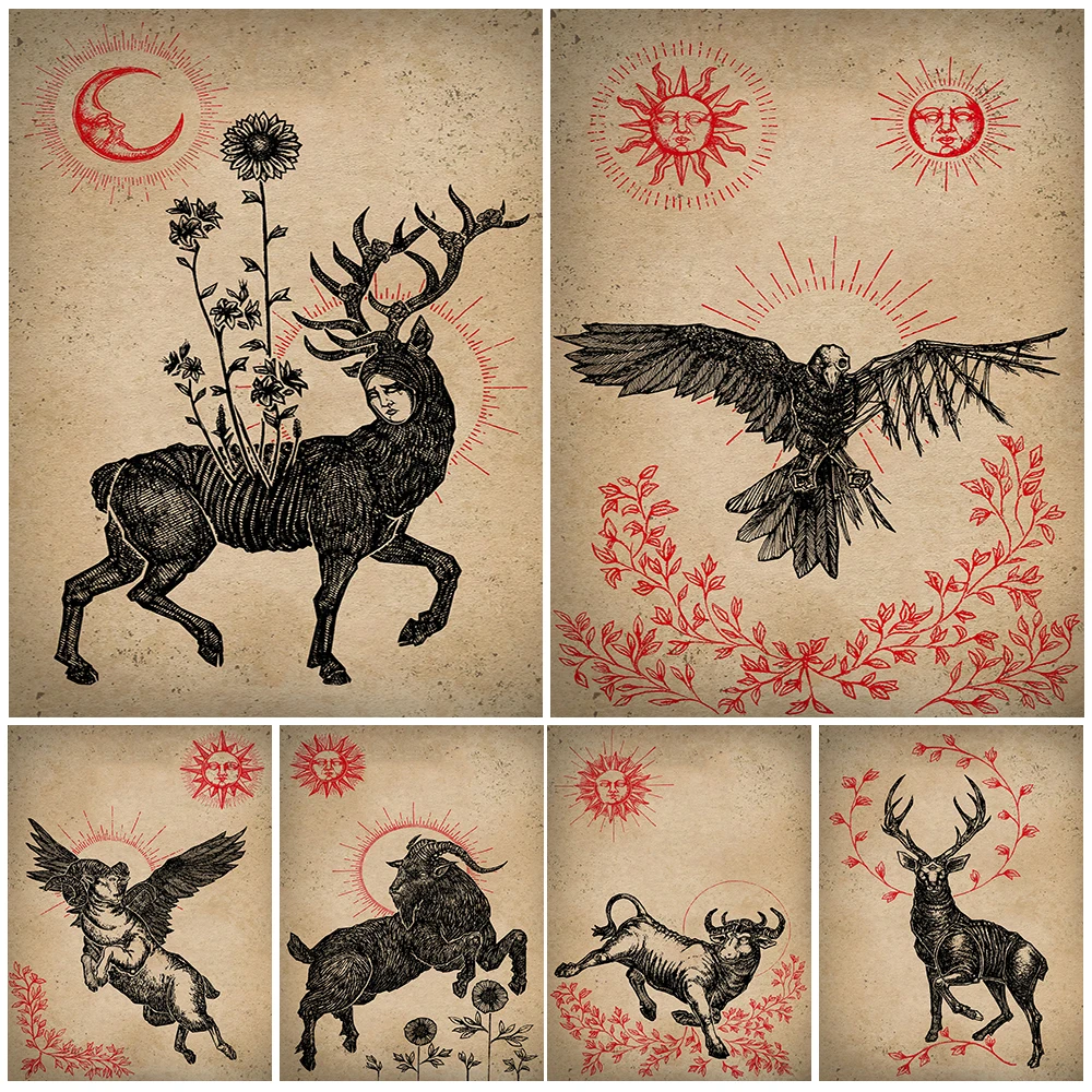 

Black Goat,Deer,Cow Constellation Tarot Art Poster And Prints Black Crow And Sun Moon Witchcraft Wall Art Canvas Painting Decor