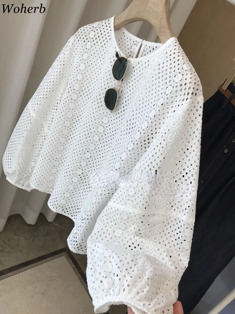 Женская винтажная блузка с круглым вырезом белая ажурная рубашка цветочной