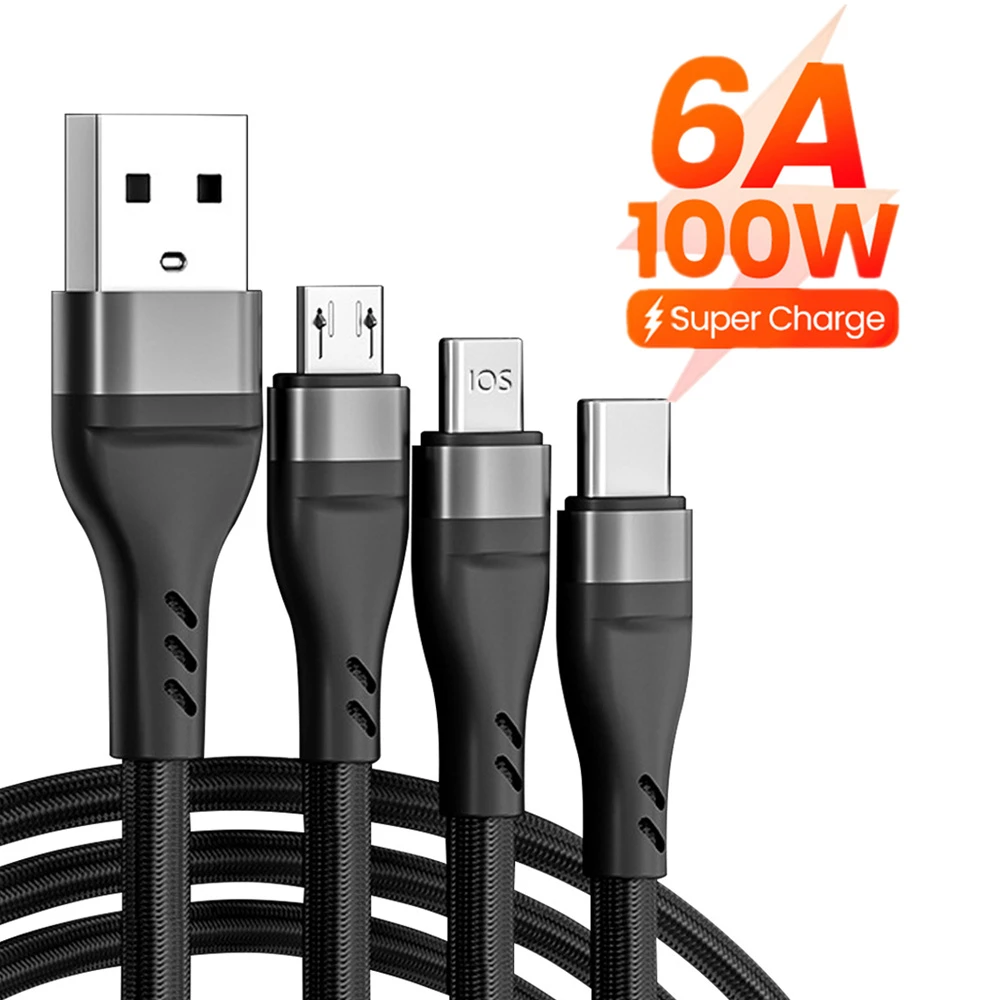 

100W 3 in 1 SuperCharging Cable 6A Micro USB Type-C Fast Charger Type-C Cable Data Cable For iPhone Samsung Xiaomi Huawei