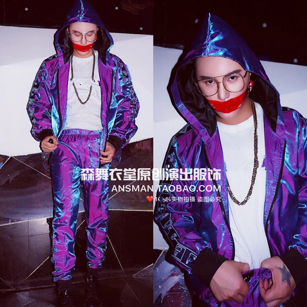 

Новый бар и ночной клуб DJ певец хип-хоп сине-фиолетовый модный бейсбольный костюм мужской весенний и осенний комплект для выступлений