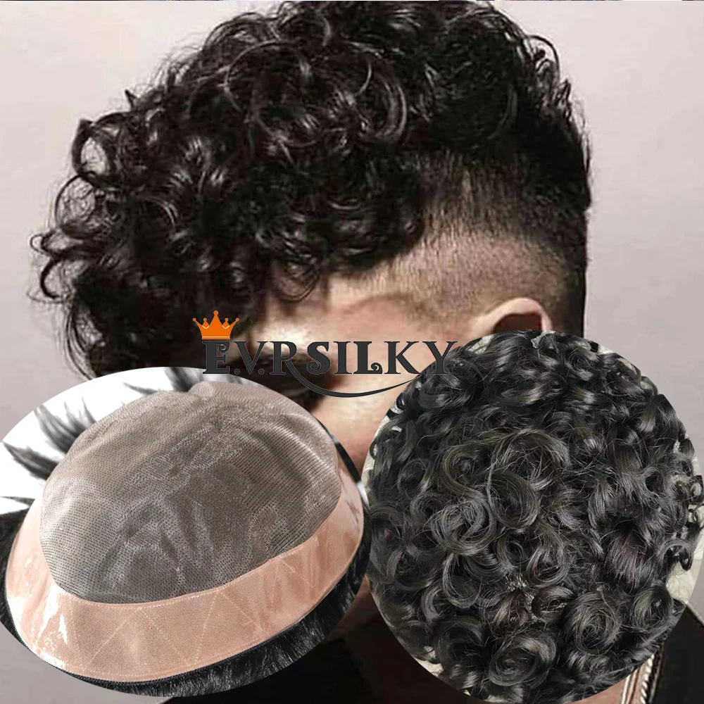 Mens Wigs Human Hair Super Durable Mono Toupee Man Capillary Prosthesis Weave Unit Replacement System 20MM Curly Pieces For Male