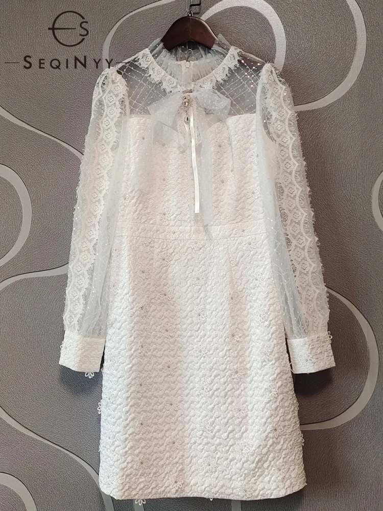 

SEQINYY White Mini Dress Summer Spring New Fashion Design Women Runway High Quality Embroidery Flowers Lace Dot Mesh Bow Crystal