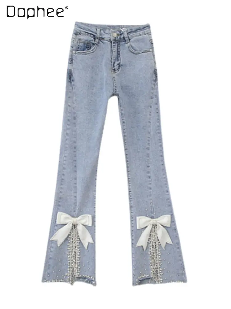 

Woman's Light Color Bow Split Bell-Bottoms Jeans 2022 Fall New Women Slimming High Waist Skinny Wide-Leg Denim Flared Trousers