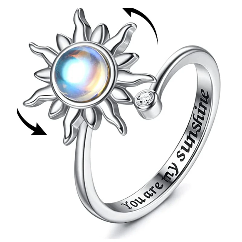 

Moonstone Wedding Finger Spinner Rings Fidget Anxiety Ring for Women Daisy Beads Relieving Rotate Ring Anti Stress Toy For Girl