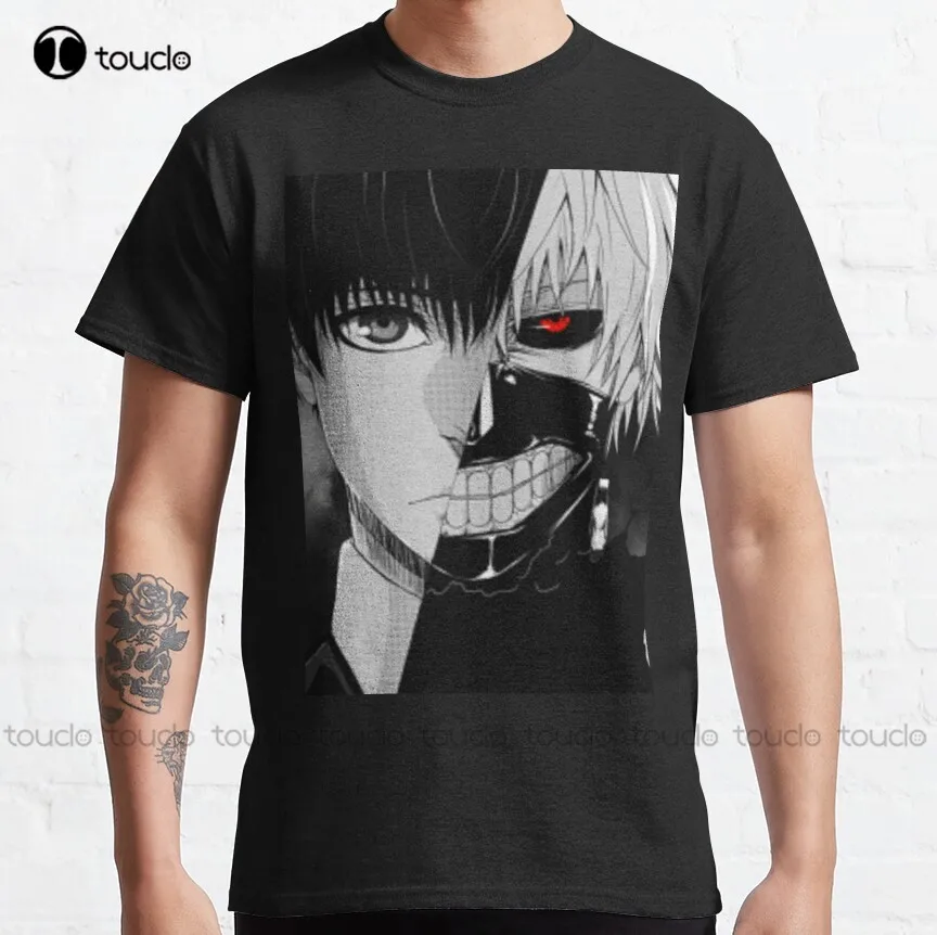 

Kaneki Ghoul Half Human Half Ghoul Классическая футболка, мужские спортивные рубашки и футболки, хлопковые уличные простые винтажные повседневные футболки