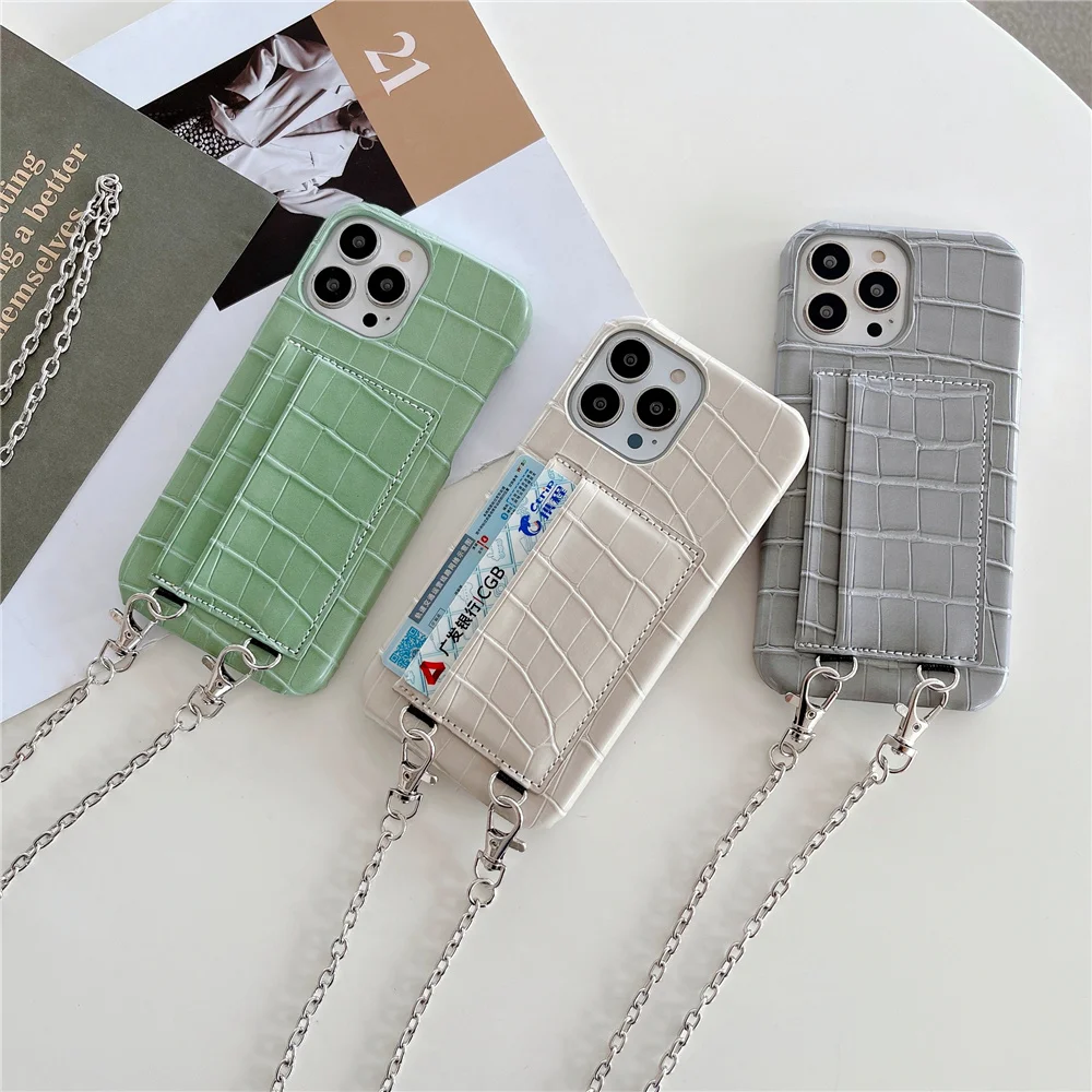 Fashion Brand Card Holder Wallet Case for iPhone 13 12 11 Pro Max XS XR 7 8 Plus SE Cute Crocodile Skin Crossbody lanyard Cover