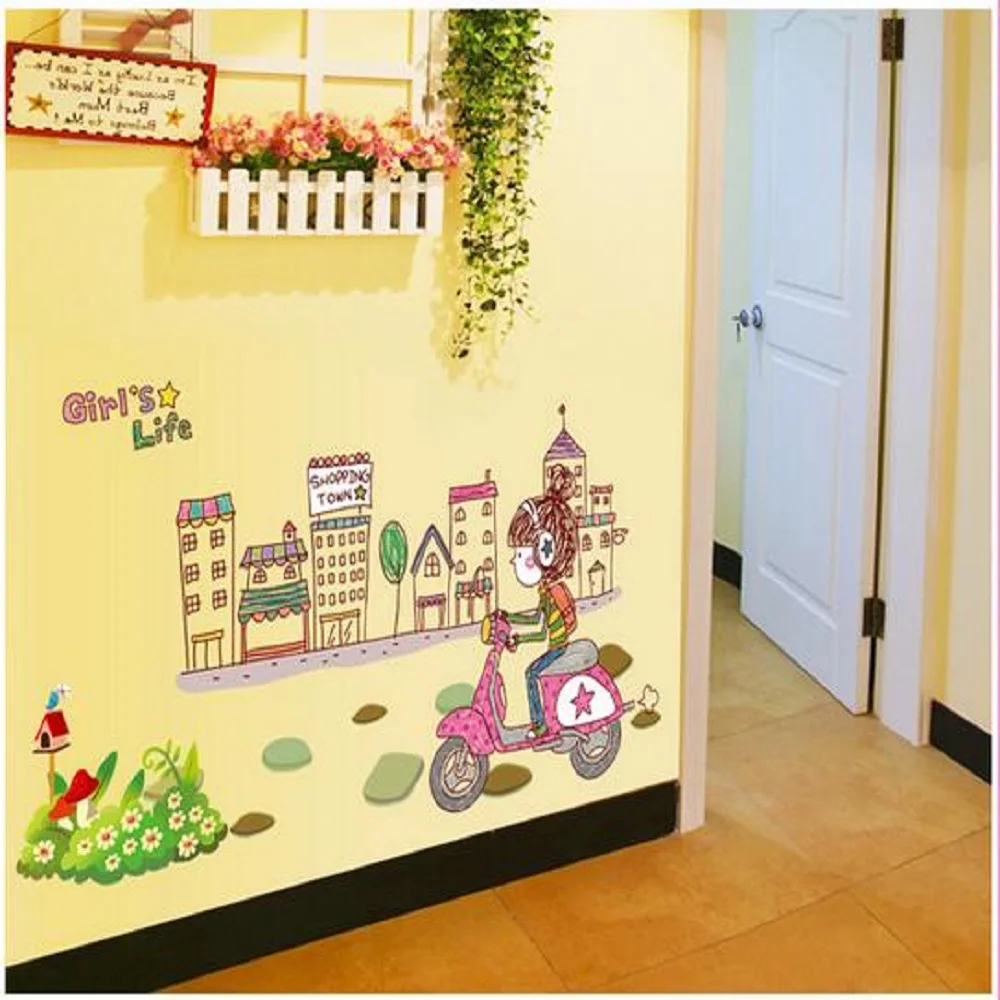 

Маленькая девочка езда велосипед настенные наклейки для детских комнат спальни настенные наклейки ПВХ Настенная роспись с окружающей средой настенная живопись 7122