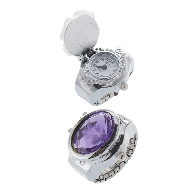 2 Pcs Dial Finger Ring Quartz Watch For Lady , White Clover Round & Stretch Band Flower