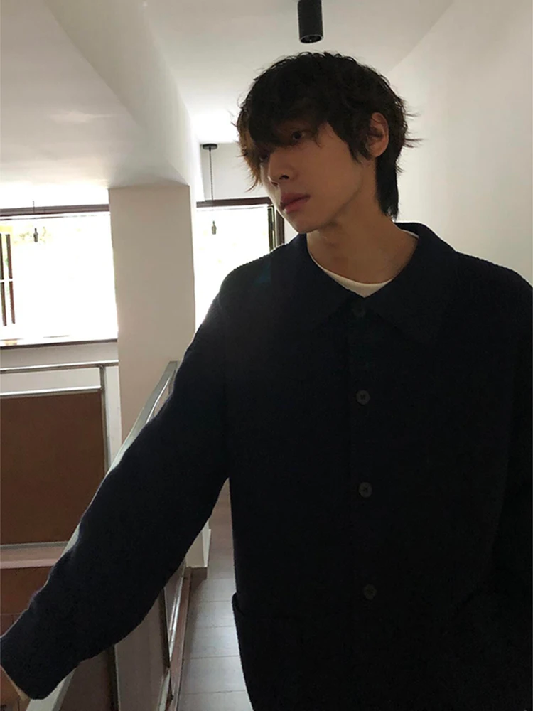 Темно-синий свитер с лацканами кардиган верхняя одежда мужская осенне-зимняя