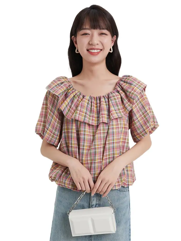 

Женская блузка в японском стиле, летняя блузка свободного кроя в клетку с пышными рукавами и оборками на шее, из хлопка, модель 2023 года, милая шикарная блузка