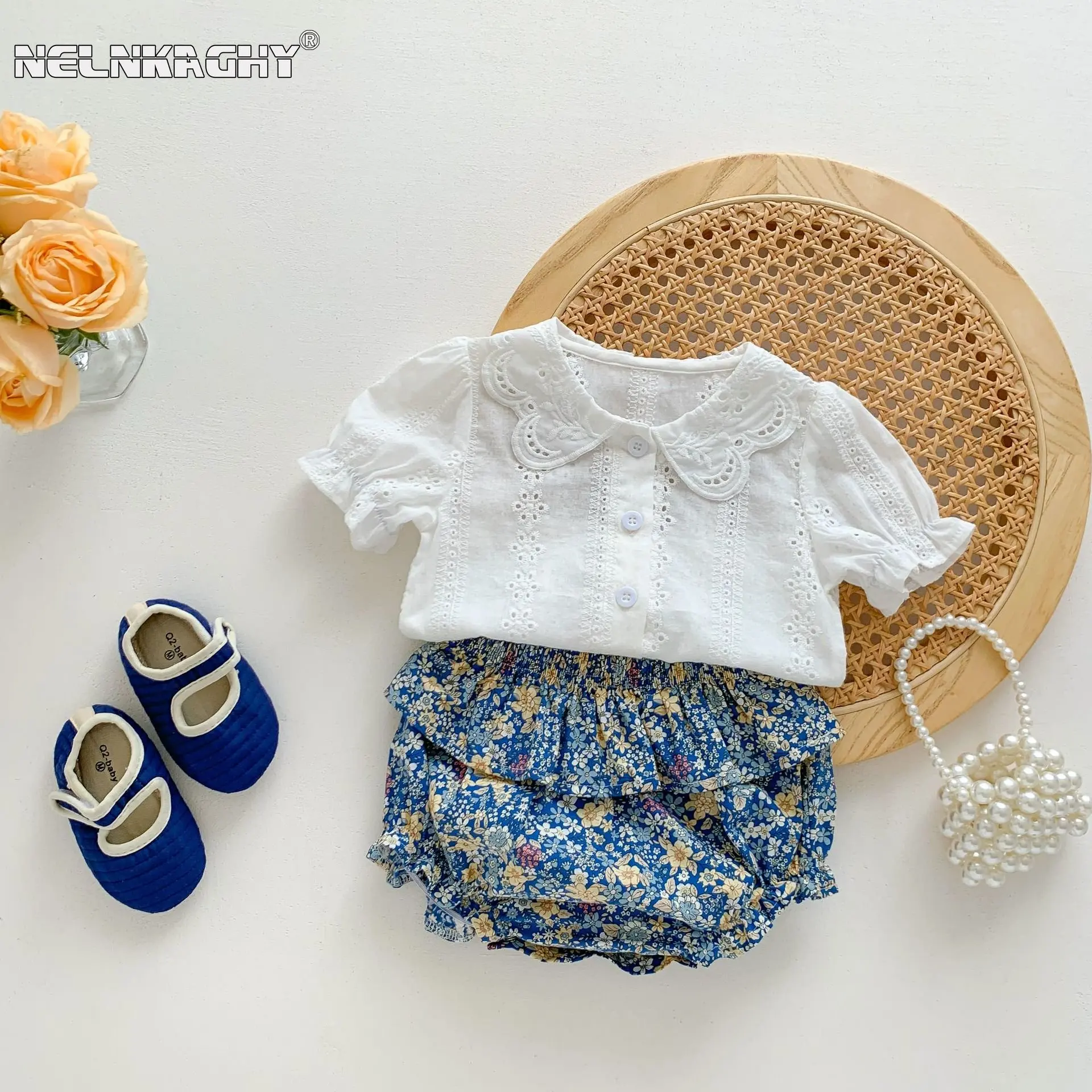 

Infant Kids Pretty Princess Summer Cotton Clothing Set Newborn Baby Girls Thin Hollow Out Top shirts Blouses Floral Shorts