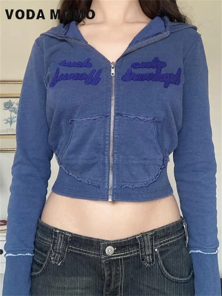 

Женская трикотажная куртка Harajuku, Повседневная Уличная спортивная куртка в Корейском стиле с надписью и карманами, трикотажные толстовки на молнии с длинным рукавом, 2022