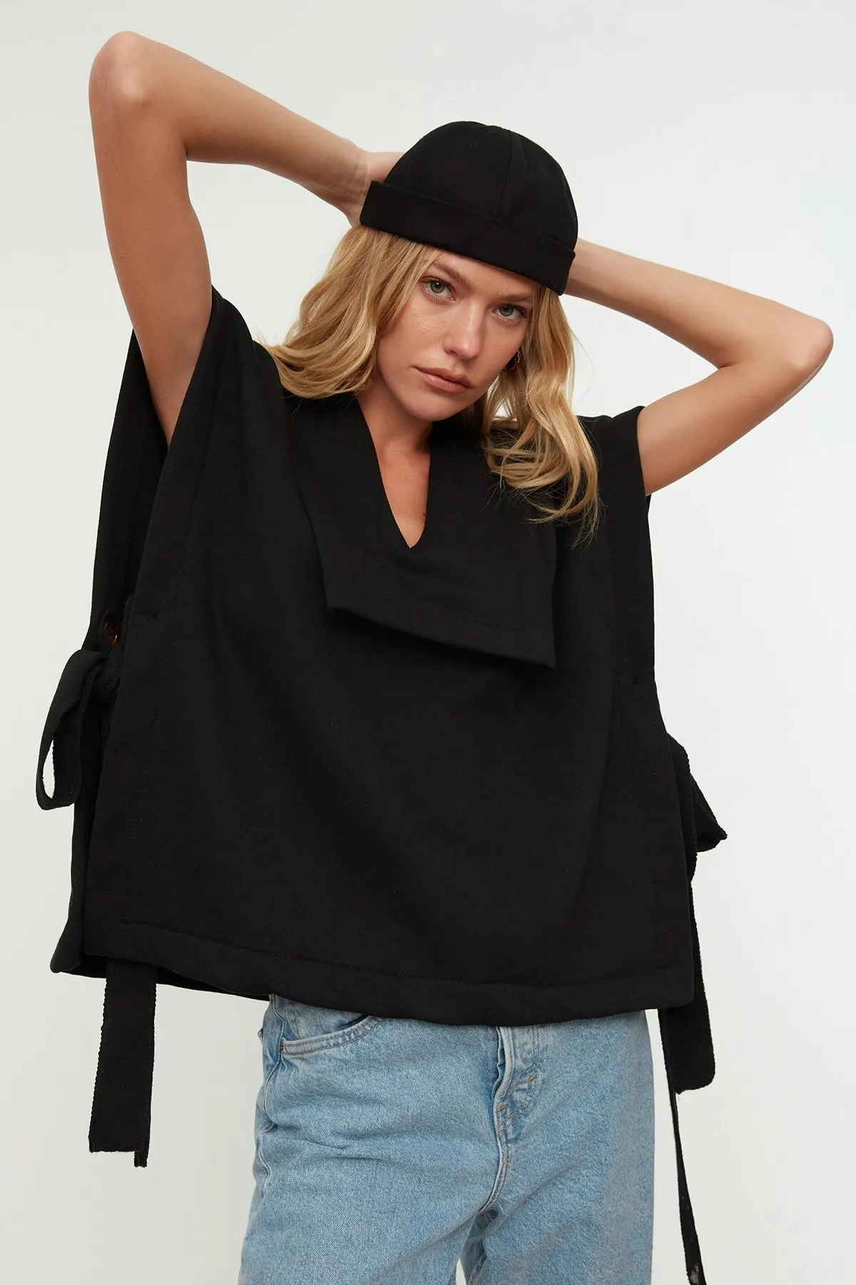 

Women's Sweatshirt Black Collar Detailed Raised Knitted Hoodies Fashion All Season New Designer Pullovers Fleece Hoodies