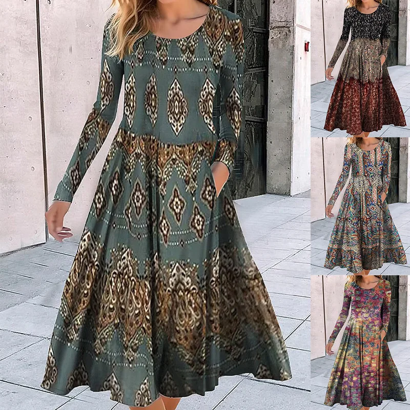 

Женское платье с принтом элемента, облегающее платье с круглым вырезом и длинным рукавом, женское короткое платье, повседневная одежда, 2024