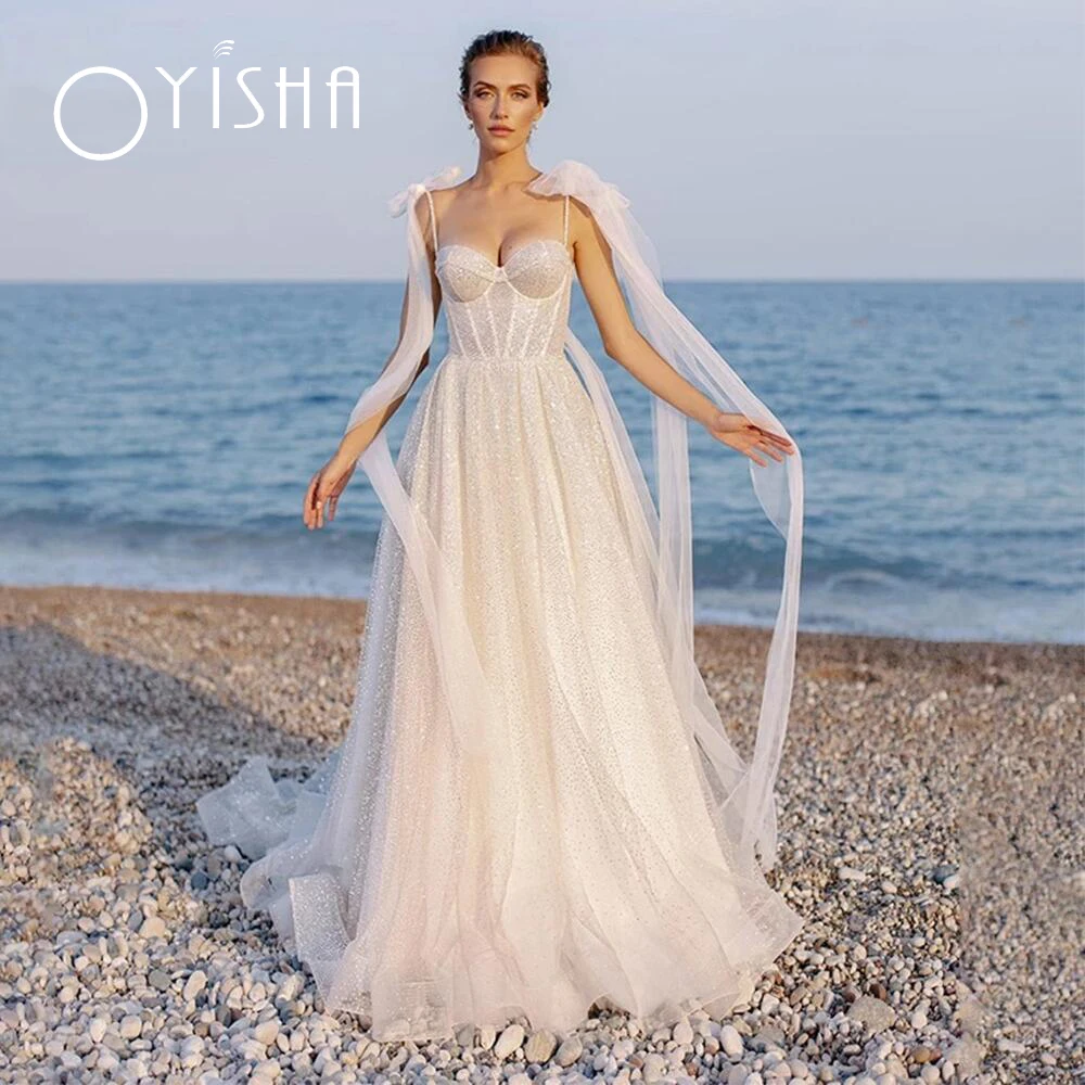 

Сексуальное Элегантное свадебное платье OYISHA, кружевное женское платье с V-образным вырезом и аппликацией, свадебное платье на бретелях-спагетти, а-силуэт, 2023