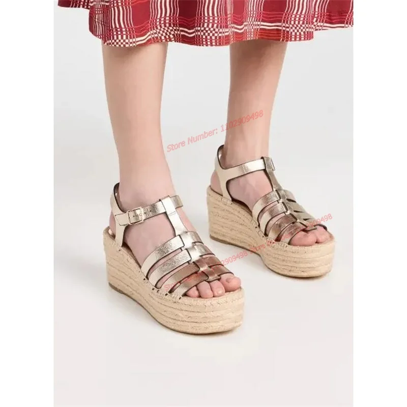 

Silver Espadrilles Platform Roman Sandals Woven Wedges Heels Shoes for Women Back Strap Open Toe Shoes 2023 Zapatos Para Mujere