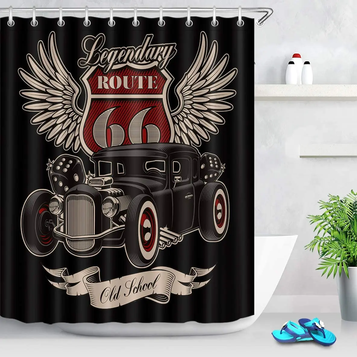 

Vintage Retro Old Garage Car Route 66 Shower Curtain for Bathroom American Road Auto Culture Bathroom Set Waterproof Fabric