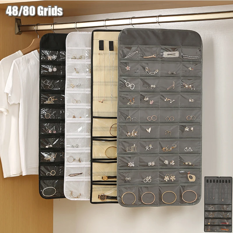 

Сумка для хранения с 48/80 ячейками, двухсторонние украшения, органайзеры, Висячие сортировочные серьги, кольцо, ожерелье, Пылезащитная коробка для хранения