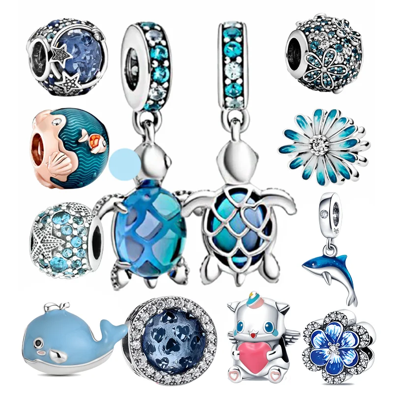 

2022 New Ocean Blue Sea Turtle Dangle Bead fit Original Pandora Charms Silver 925 Bracelet DIY Women Jewelry summer Collection