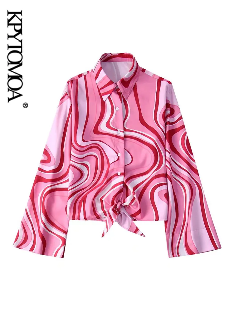 

KPYTOMOA Женская мода с завязывающимся бантом печатные блузки винтажные женские рубашки с длинным рукавом на пуговицах Блузы шикарные топы