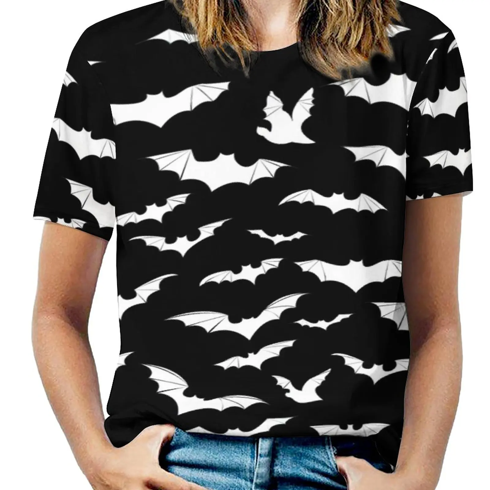 

Gothic Art Halloween T Shirts Cute White Bats Basic Big Size T Shirt Short Sleeve Women Kawaii Tee Shirt Summer Print Tops