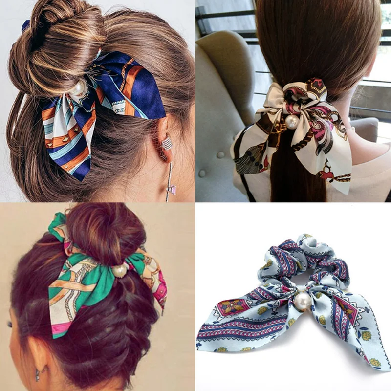 

Bohemia Bow Knot Women‘s Hair Scrunchie Ponytail Holder Hairband Pearl Pendant Intestine Circle hair tie Girl Hair Accessories