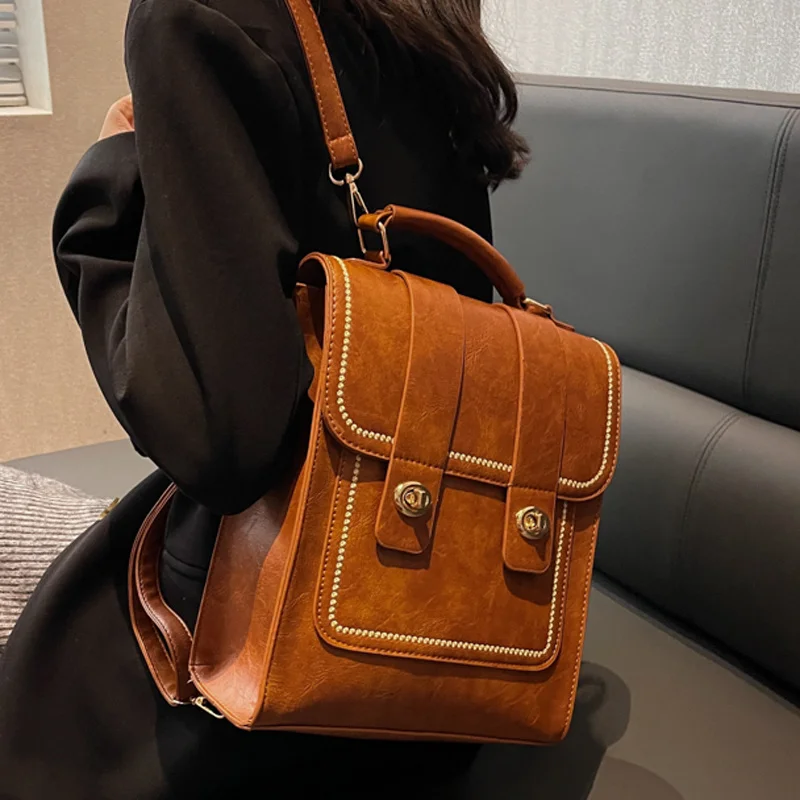 

New Vintage Large Woman Backpack High Quality PU Leather School Bags For Teenage Girls Fashion Ladies Double Shoulder Bags