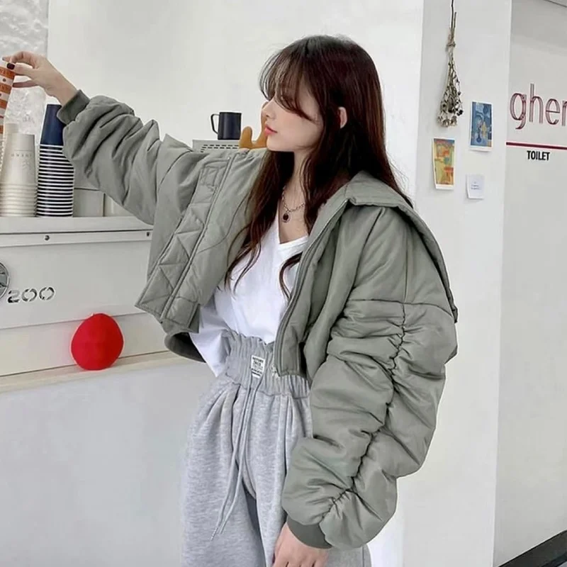 2022 Korean Version of The New Autumn and Winter Zipper Hooded Quilted Jacket Arm Pleated Fashion Casual Cotton Jacket Women
