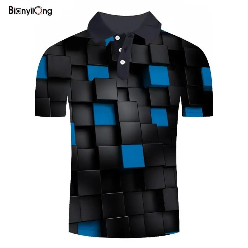 

BIANYILONG 2022 SummerBlue square 3D Printed Polo Shirt Men Short Sleeve Casual Men Shirts Slim Fit Polo Homme Mens Polos tops