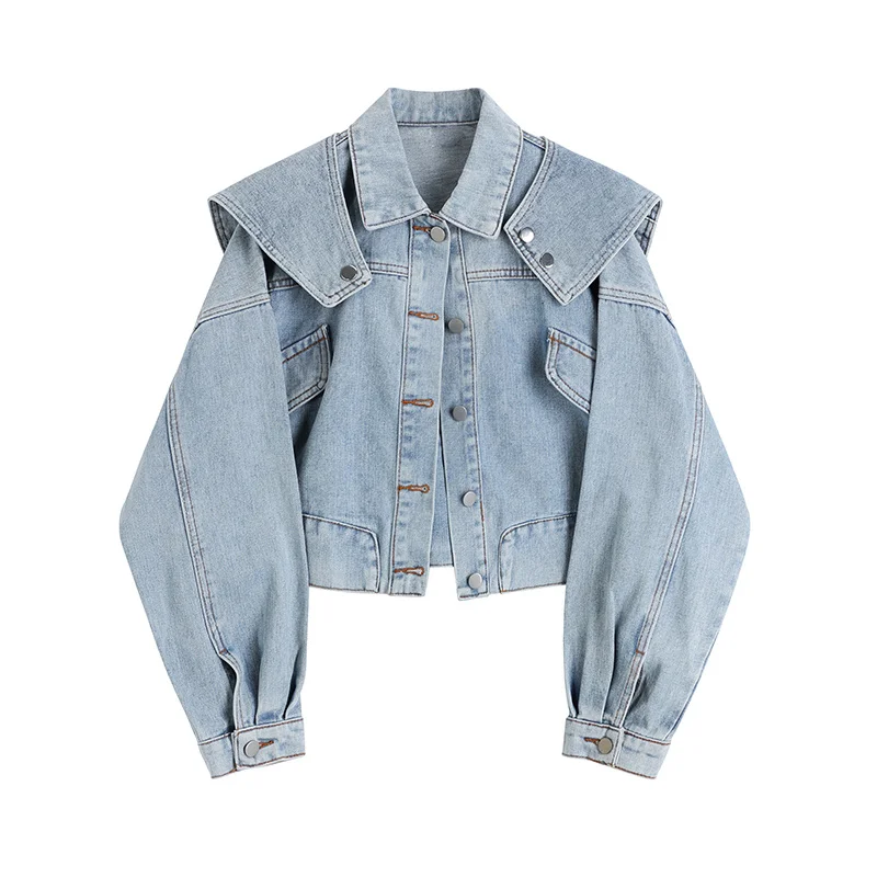 

2022 Spring Retro Old Denim Jacket Short Shawl Turn Down Collar Top All Match Jean N451