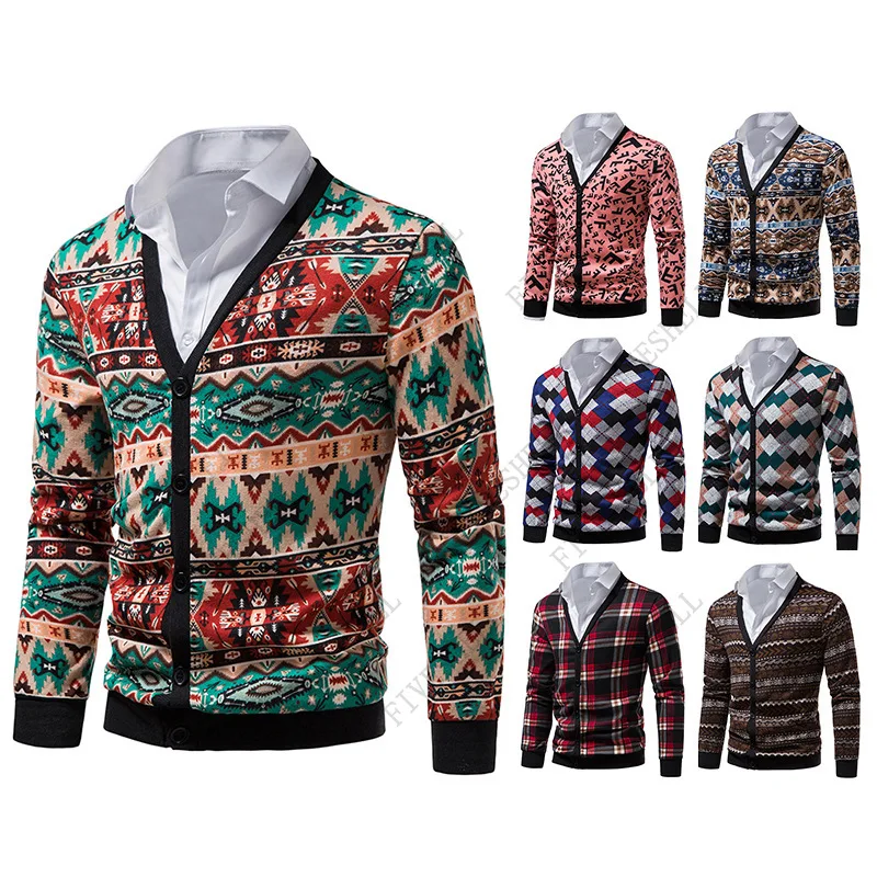 2023 Fashion Argyle Cardigan Sweater Men V Neck Button Down Knitted Contrast Sweater Men Daily Casual Sueteres Para Hombre