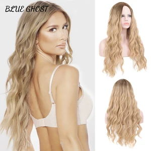 BG Synthetic Middle Parting  Long  Wavy Wig For Women Gradient  Brown Gold Daily/Cosplay Wig Hair Full Mechanism Heat Resistant