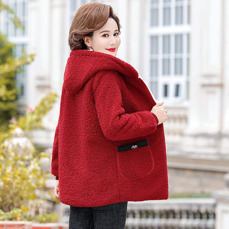 Middle-aged Mothers Faux lamb Wool Coat Hooded Autumn Winter Thicken Loose Outerwear Female Jacket Parkas Casual Tops