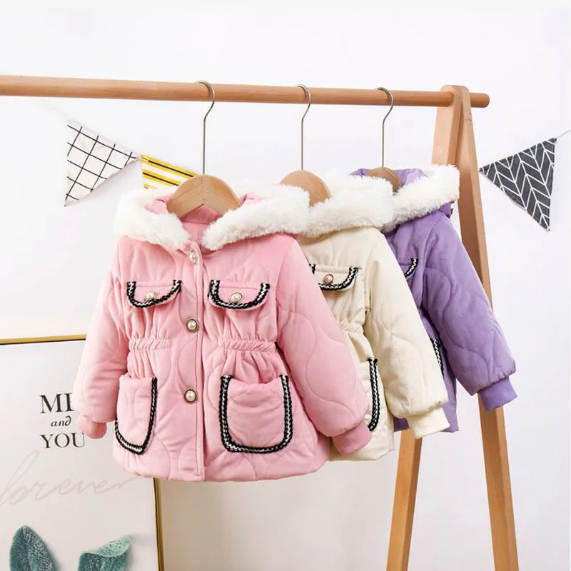 

Children's Windproof Cotton Padded Clothes Winter Girls' Plush Brimmed Hooded Coat Thickened Plush Lining Coat Warm Overcoat