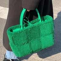 faux fur weave lattice large tote bag 2022 new high quality lambswool plush womens handbag luxury brand shopping bag