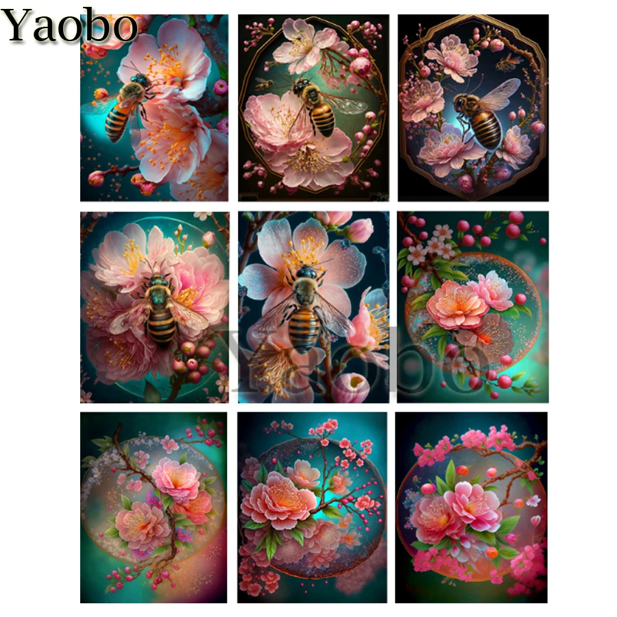 

Алмазная живопись "сделай сам", персиковые цветы, пчелы, 5d Алмазная мозаика-пазл, алмазная вышивка, животное, вышивка крестиком, Декор для дом...