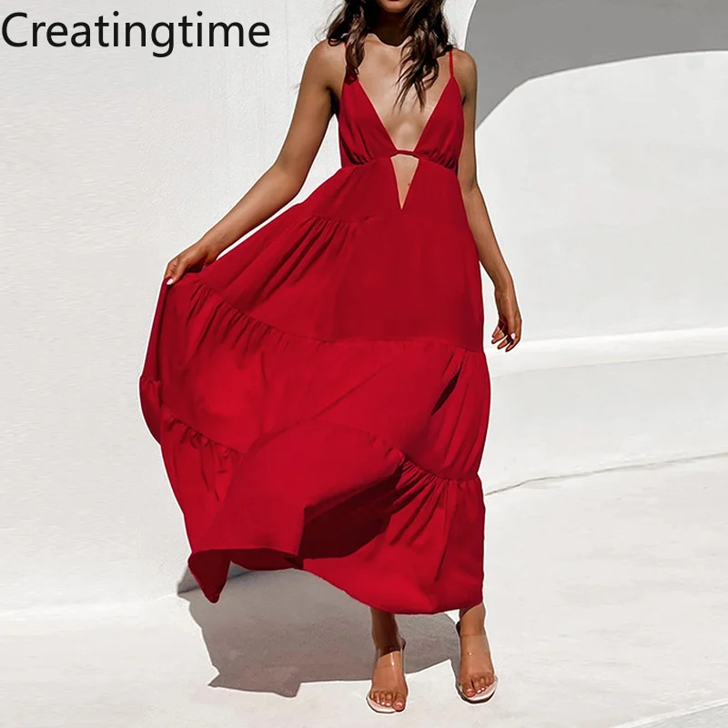 

Creatingtime 2022 Summer New Fashion Trend Women Sexy Boho V Neck Hollow Out Backless Patchwork Sling High Waist Dress GA718