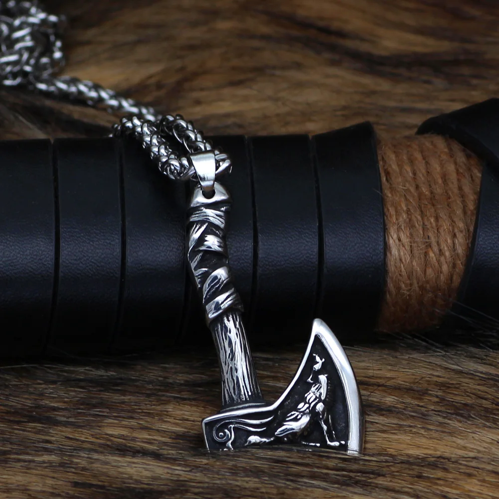Viking Stainless steel Axe Raven Wolf Necklace Norse Jewelry with valknut gift bag |