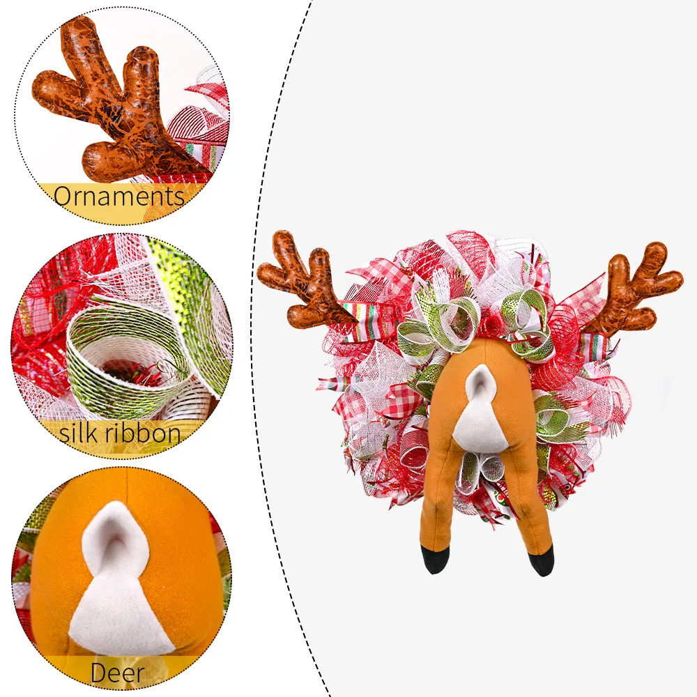 

Funny Christmas Deer Wreath Door Hanging Ornaments Christmas Home Door Wall Decorative Wreath Silk Ribbon Christmas Elk Wreath