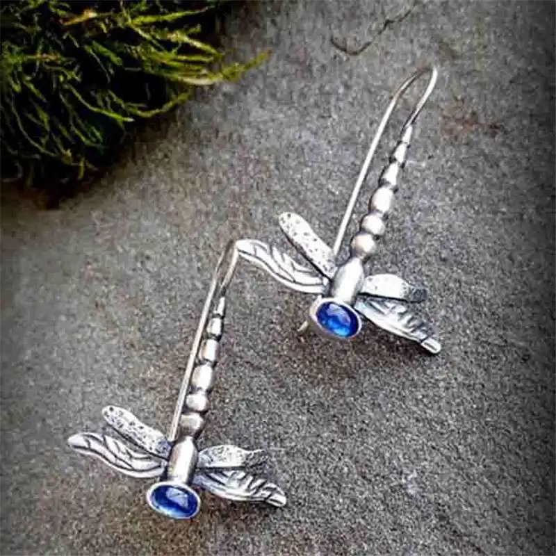 

Earrings 925 Silver Vintage Women Party Jewelry Hook Dangle Dragonfly Moonstone