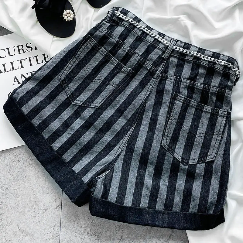 Summer New High Waist Slim A-line Casual Shorts Ladies Vertical Stripes Zipper Denim Pants Fashion Trend Women Clothing