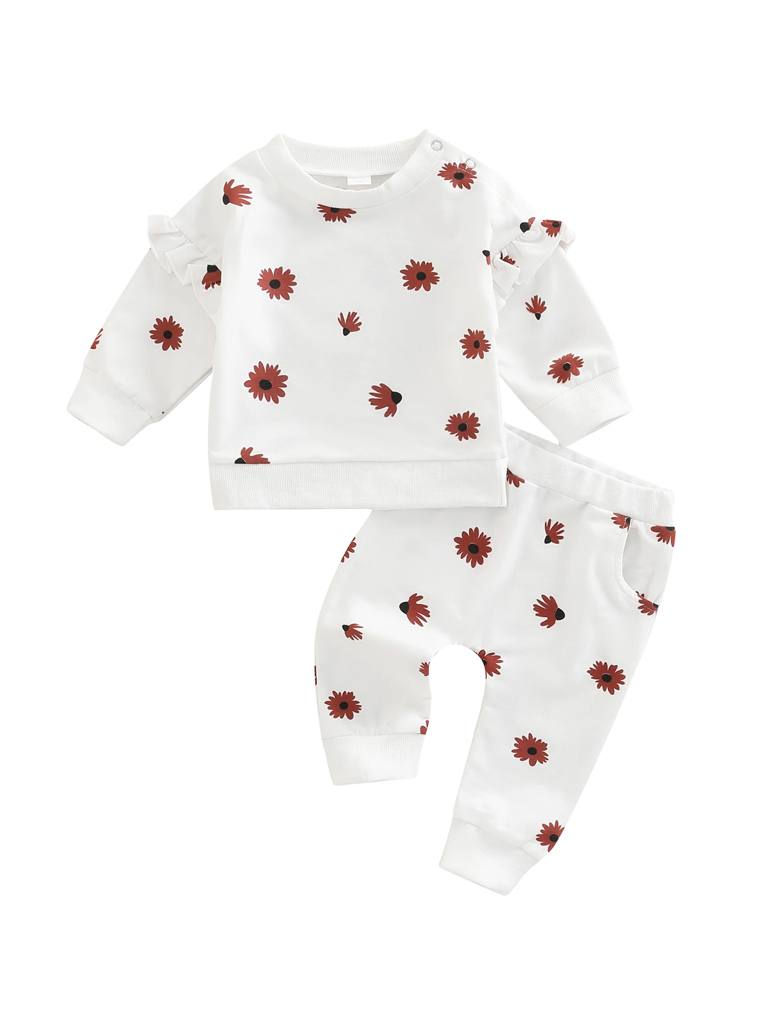

Newborn Girl 2Pcs Outfits Flower Print Long Sleeve Round Neck Ruffles Pullover Elastic Waist Side Pockets Trousers
