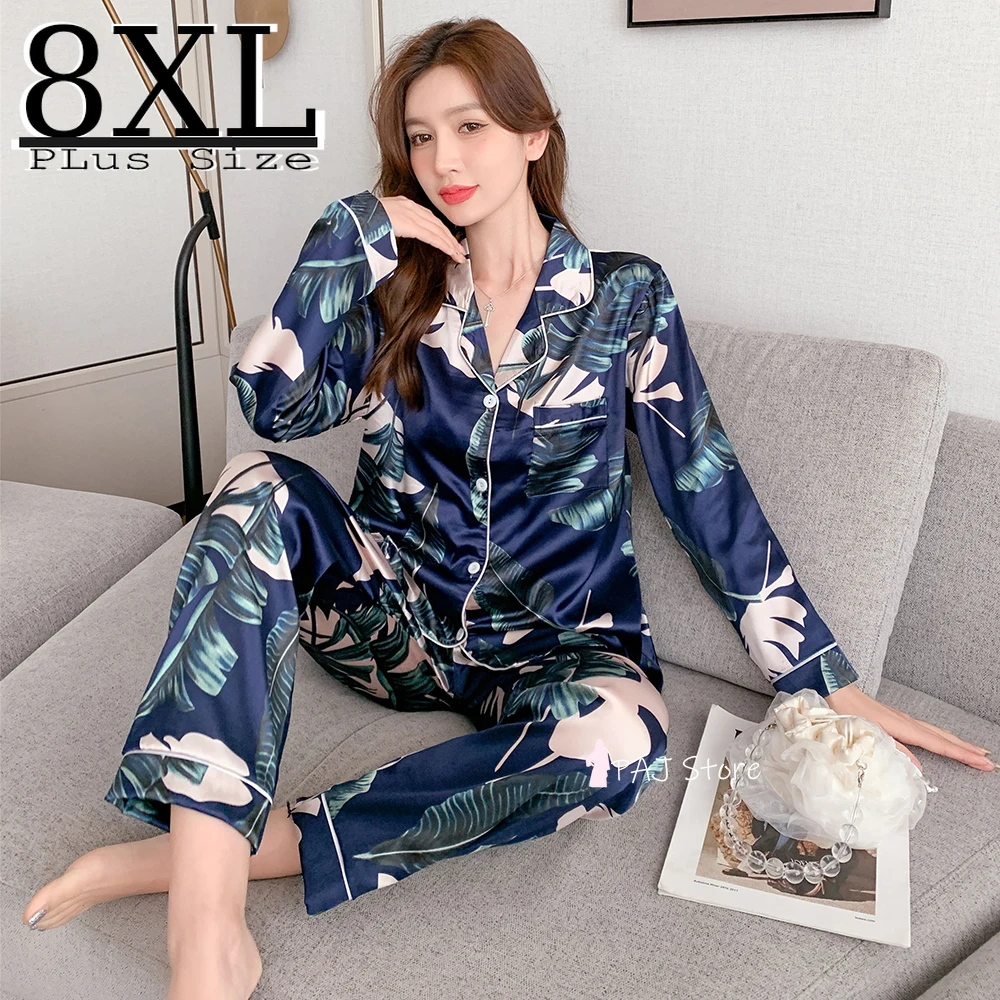 

Женская шелковая пижама, летний комплект из 2 предметов, атласная одежда для сна с длинным рукавом, ночная рубашка для лагеря, размер 3XL-8XL, до...