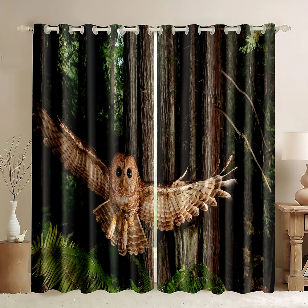 Оконные шторы с совами красочные зеленые фоны в стиле каракулей совы затемняющие